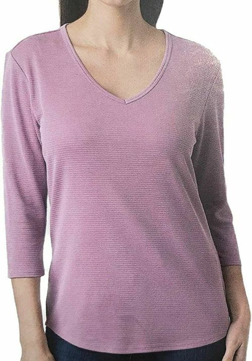 Seg’ments Women’s Textured V-Neck 3/4 Sleeve Tee-Shirt Tencel Fabric Rose M