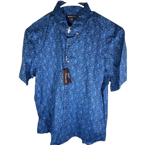 Michael Kors Men Button Down Trim Stretch S Sleeve Cotton Shirt, Blue, Size M
