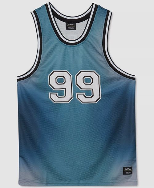 $50 WeSC Men's Blue Sleeveless Performance Basketball Jersey Tank-Top Size M