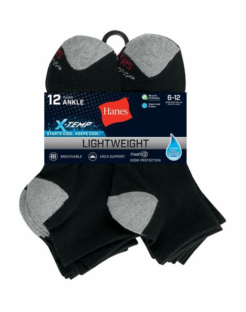 Hanes Ankle Socks 12-Pack Mens FreshIQ X-Temp Value Cool Comfort Wicking sz 6-12