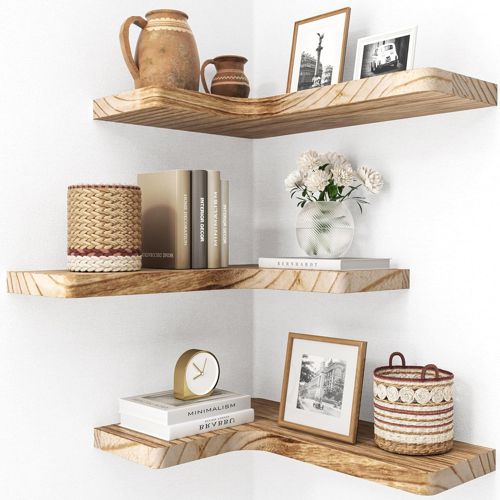 Floating Corner Shelves, Wall Shelf Set of 3, Shelves for Wall Storage, Solid Wo