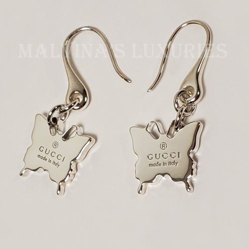 GUCCI EARRINGS STERLING SILVER BUTTERFLY DROP TRADEMARK LOGO