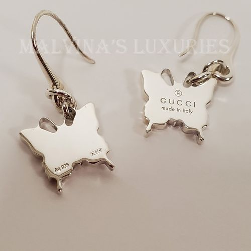 GUCCI EARRINGS STERLING SILVER BUTTERFLY DROP TRADEMARK LOGO