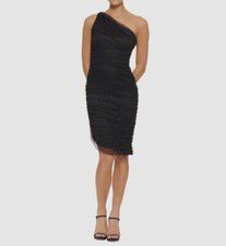 DKNY Women's Black Tulle One Shoulder Ruched Sheath Dress Size 10