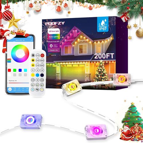 Smart RGB Outdoor Permanent Lights, 200ft, App/Remote Control, IP67 Waterproof
