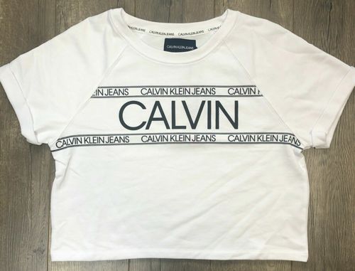 Calvin Klein Jeans Women's French Terry Logo Crop Top Shirt, White