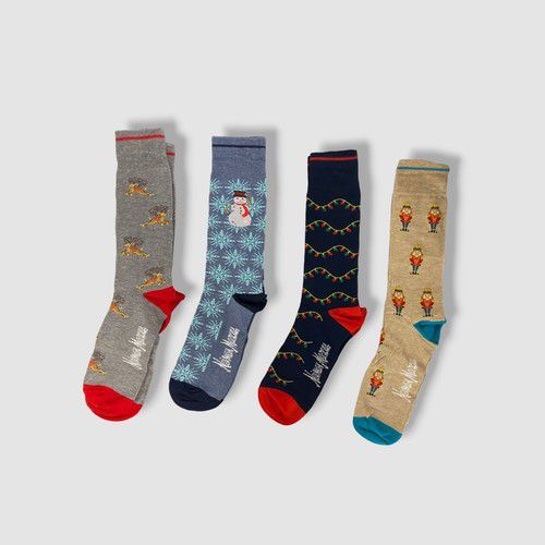 $75 Neiman Marcus Men Gray Blue 4-Pair Graphic Cotton Christmas Socks Size 10-13