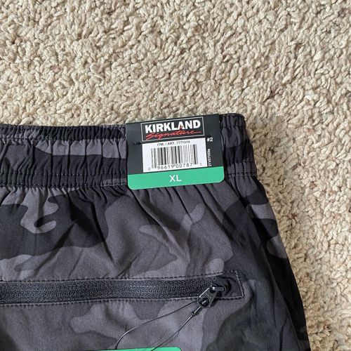 Kirkland Signature Men's Swim Shorts Built In Brief Zipper Pocket Black Camo M