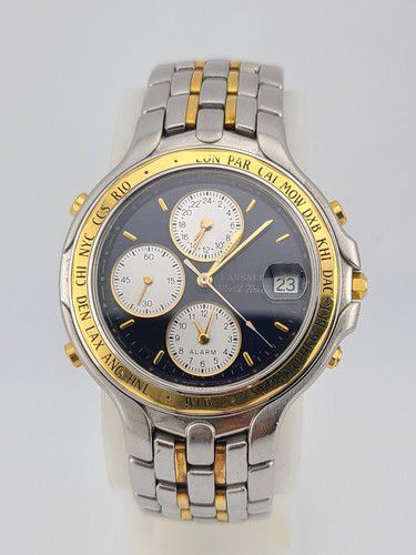 Vintage 1995 Lassale World Time ALARM Men's 5T52-6B60. 18K Gold Bezel Rare Lot 1