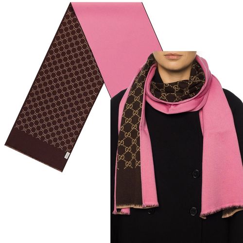 GUCCI SCARF REVERSIBLE PINK GG MONOGRAM LOGO WOOL SILK 71"