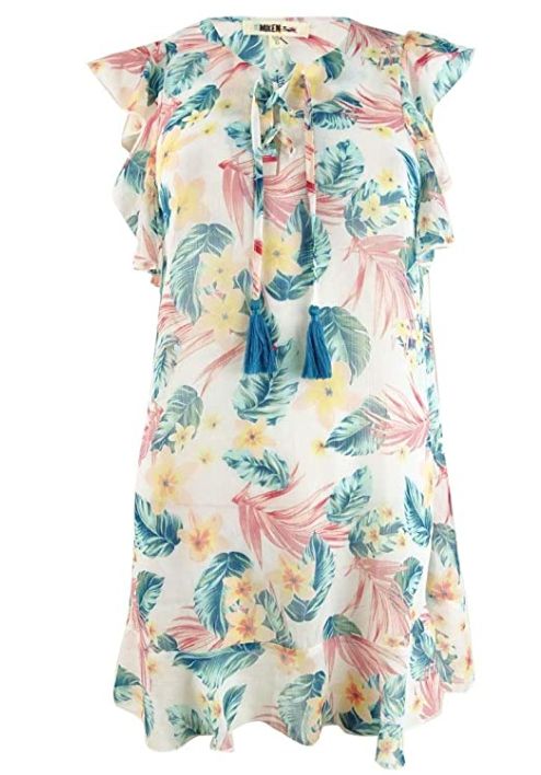 Miken Women's Ruffled Lace-Up Dress Swim Cover-Up,White/Fairytail Size XS $28