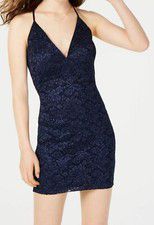 $59 Emerald Sundae Juniors' Blue V-Neck Glitter Lace Short Bodycon Dress Size S