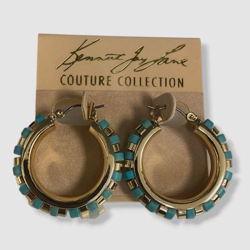 $81 Kenneth Jay Lane Women's Blue Gold Beaded Hoop Earrings