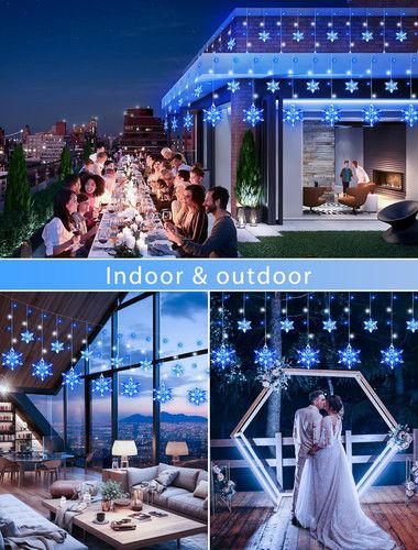Outdoor 8.2FT Snowflake Icicle Lights, 144 LED, 8 Modes, Waterproof, Blue/White