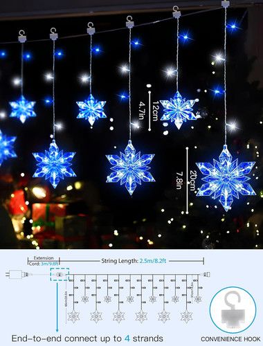 Outdoor 8.2FT Snowflake Icicle Lights, 144 LED, 8 Modes, Waterproof, Blue/White