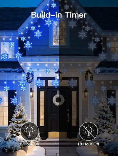 Outdoor 8.2FT Snowflake Icicle Lights, 144 LED, 8 Modes, Waterproof, Blue/White