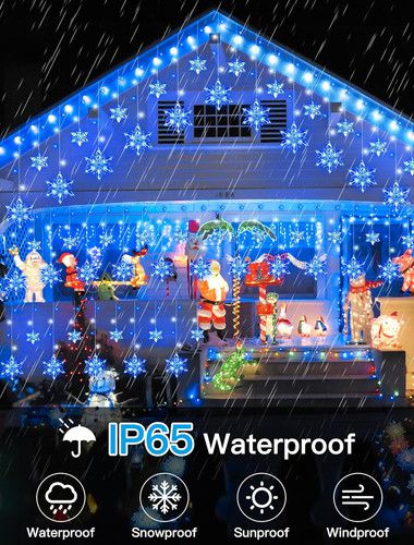 Outdoor 8.2FT Snowflake Icicle Lights, 144 LED, 8 Modes, Waterproof, Blue/White