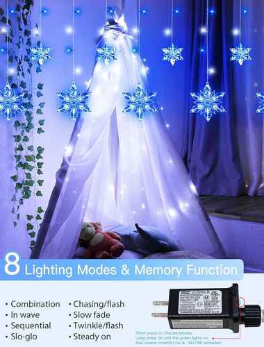 Outdoor 8.2FT Snowflake Icicle Lights, 144 LED, 8 Modes, Waterproof, Blue/White