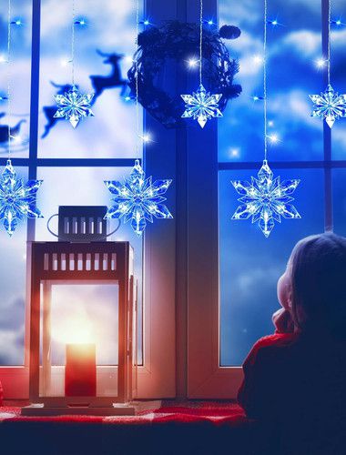 Outdoor 8.2FT Snowflake Icicle Lights, 144 LED, 8 Modes, Waterproof, Blue/White
