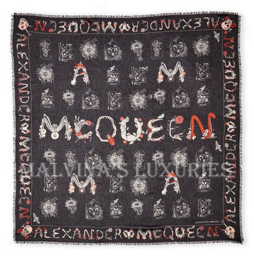 ALEXANDER MCQUEEN SCARF SKULL CABINETS PRINT BLACK MODAL SILK SQUARE 54" $475