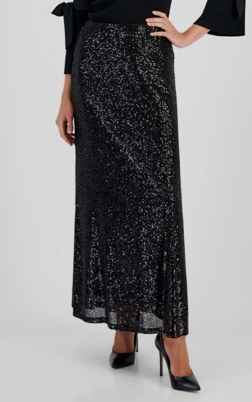 Anne Klein Women's Black Pull On Lined Stretch Sequin Maxi Skirt Size M