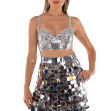 Rabanne Ladies Silver Perforated Sweetheart Neck Cropped Top