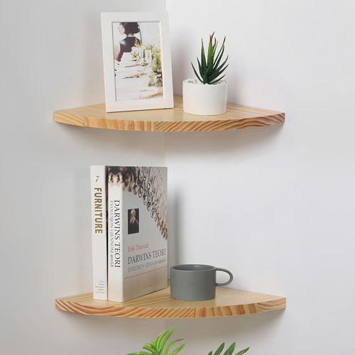 Waterproof Natural Wood Corner Wall Shelves Set of 2, Rustic Wood Corner Floatin