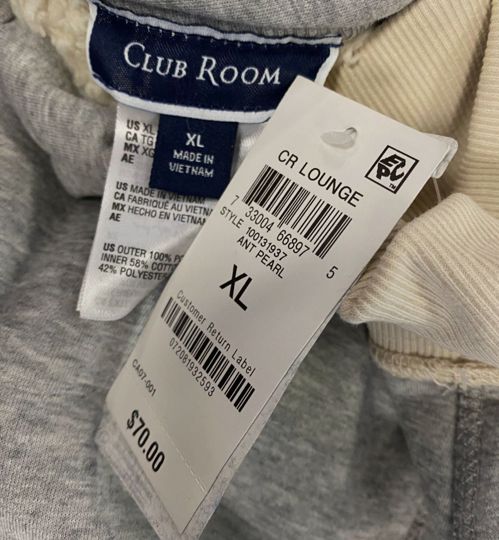 $70 Club Room Men Ivory Fleece Full Zip Reversible PJ Hoodie Sweater Size XL