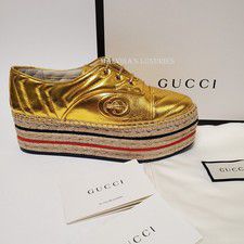 GUCCI SHOES PILAR GOLD LEATHER GG PLATFORM ESPADRILLE LACE-UP $790 38 US 8