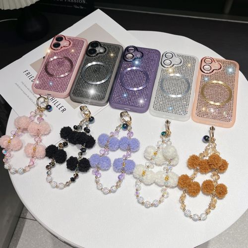 For iPhone 16 Pro Max 15 14 13 12 11 Magnetic Bling Diamond Case with Hand Strap