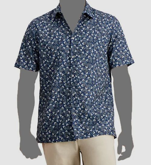Alfani Men's Blue Floral-Print Short Sleeve Button Shirt Size L