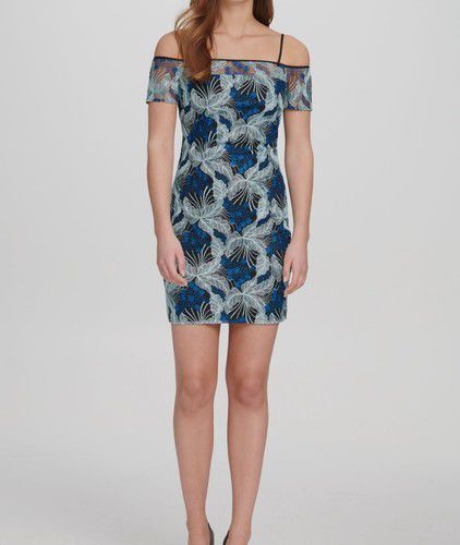 $118 Guess Women's Blue Floral Cold-Shoulder Embroidered Lace Sheath Dress Sz 0