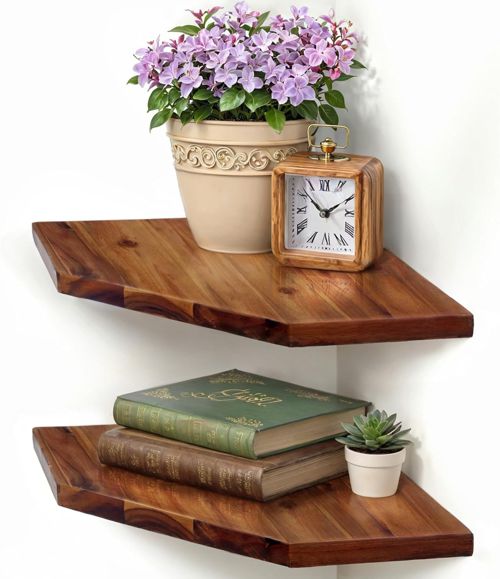 Corner Shelf Wall Mount, Set of 2 Solid Acacia Wood 11.8 X 16.5 Inches Floating 