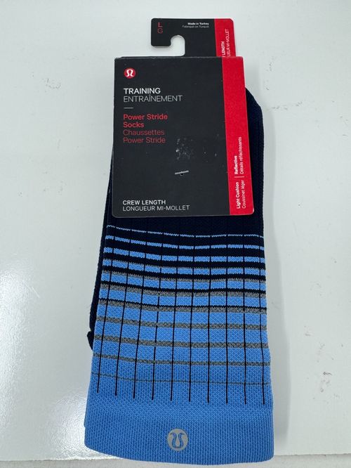 Lululemon Power Stride Crew Sock Blue Blk Reflective Size L Mens 9.5-12 LM9AX5S