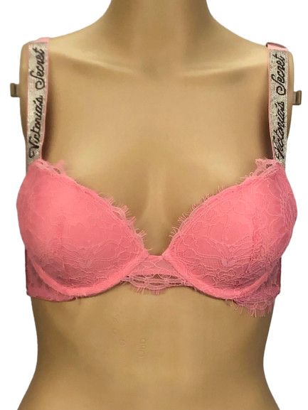 VICTORIA'S SECRET VERY SEXY FLORAL LACE SHINE STRAP  PUSH UP BRA 32D PINK ROSES