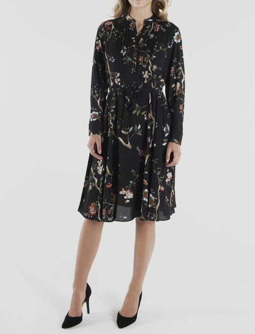 $260 Nanette Lepore Women's Black Floral Sash Belt Pintuck Shirtdress Size 2
