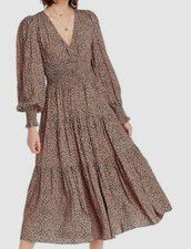 $720 Lini Women Beige Black V-Neck Balloon-Sleeve Smocked Keyhole A-Line Dress L