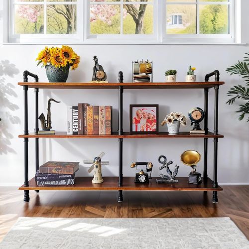 Industrial 3-Tier Bookshelf with Real Wood and Pipe Design, Rustic Brown 60" L