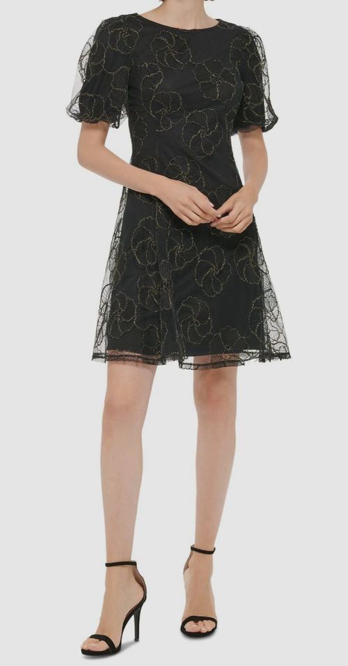 Dkny Women's Black Floral-Embellished Puff-Sleeve Dress Size 4
