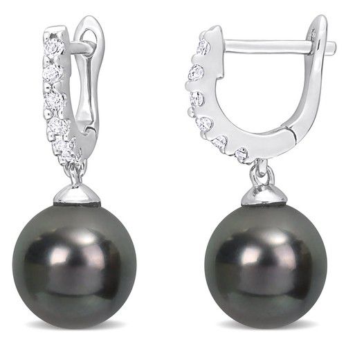 AMOUR 8.5-9mm Black Tahitian Pearl and 3/8 CT TGW White Topaz Drop Cuff Earrings