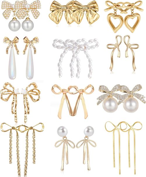 12 Pairs Crystal Rhinestone Pearl Kate Spade Bow Stud Earrings for Women Stateme
