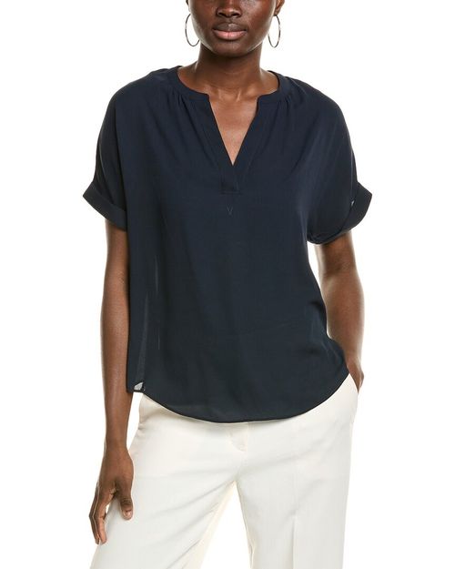 T Tahari Split Neck Rolled Cuff Blouse Women's