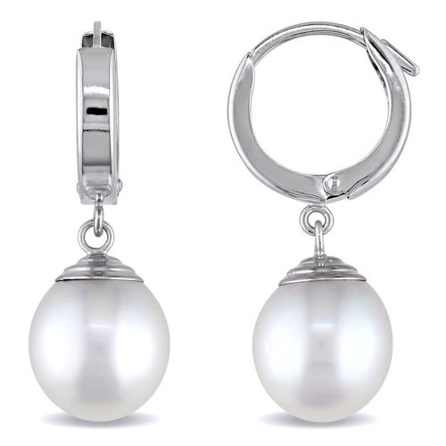 AMOUR 9 - 10 Mm South Sea Cultured Pearl Hinged Hoop Drop Earrings In 14K White