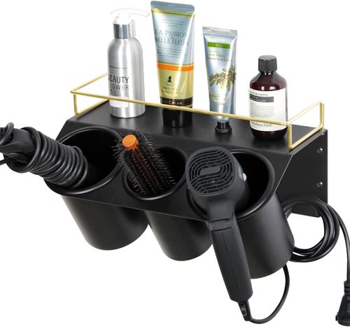 Wall-Mounted Hair Dryer Holder with Storage Caddy and Shelf - Black/Gold