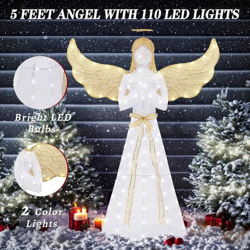 5FT Pre-Lit Glittered Christmas Angel with 110 LED Lights for Outdoor Decor