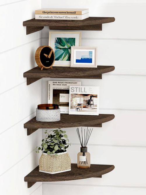 Set of 4 Floating Corner Shelves - Round Wooden Wall Mount for Home Decor