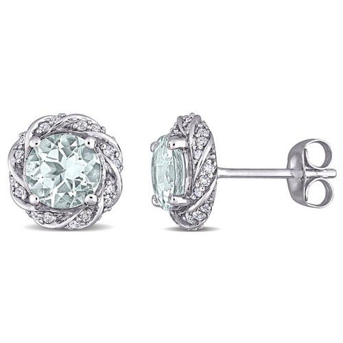 AMOUR Aquamarine and 1/5 CT TW Diamond Halo Stud Earrings In 10K White Gold