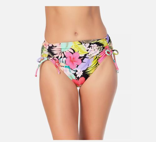 California Waves Women's Tropical Print Cinch Tie Swim Bottom, Multi, Sz L