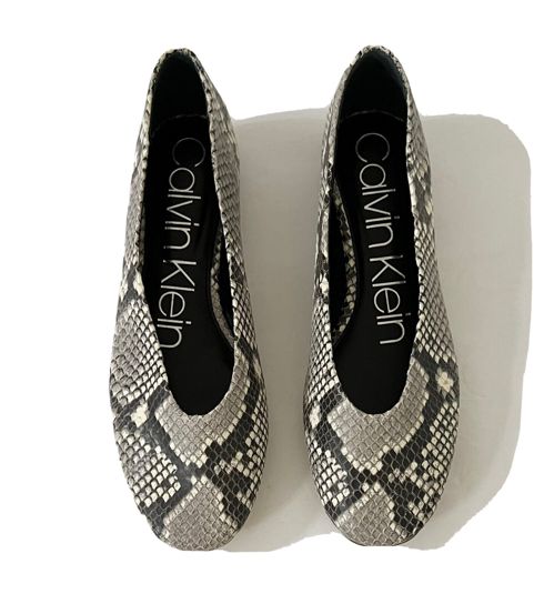 Women CK Calvin Klein Anete Leather Flat Snake Skin Shoes Gray Multi