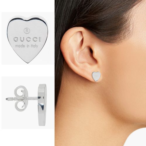 GUCCI EARRINGS STERLING SILVER HEART STUD TRADEMARK LOGO ELONGATED SHAPE